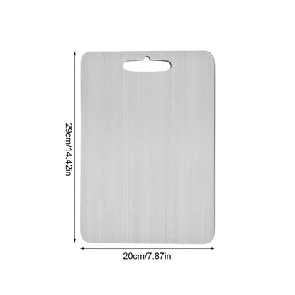 Rectangular metal cutting board with dimensions on a white background