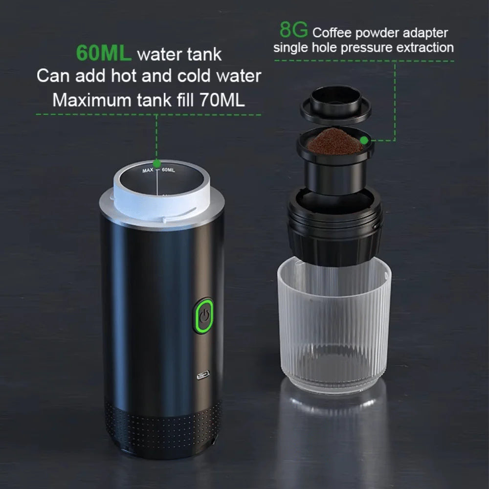 Compact espresso maker showing stainless steel 60ml water tank and 8g coffee adapter for high-pressure brewing