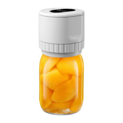 Container with a white lid filled with sliced peaches on a white background