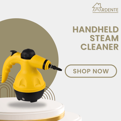 Yellow handheld steam cleaner with 'Ardente' branding on a light background