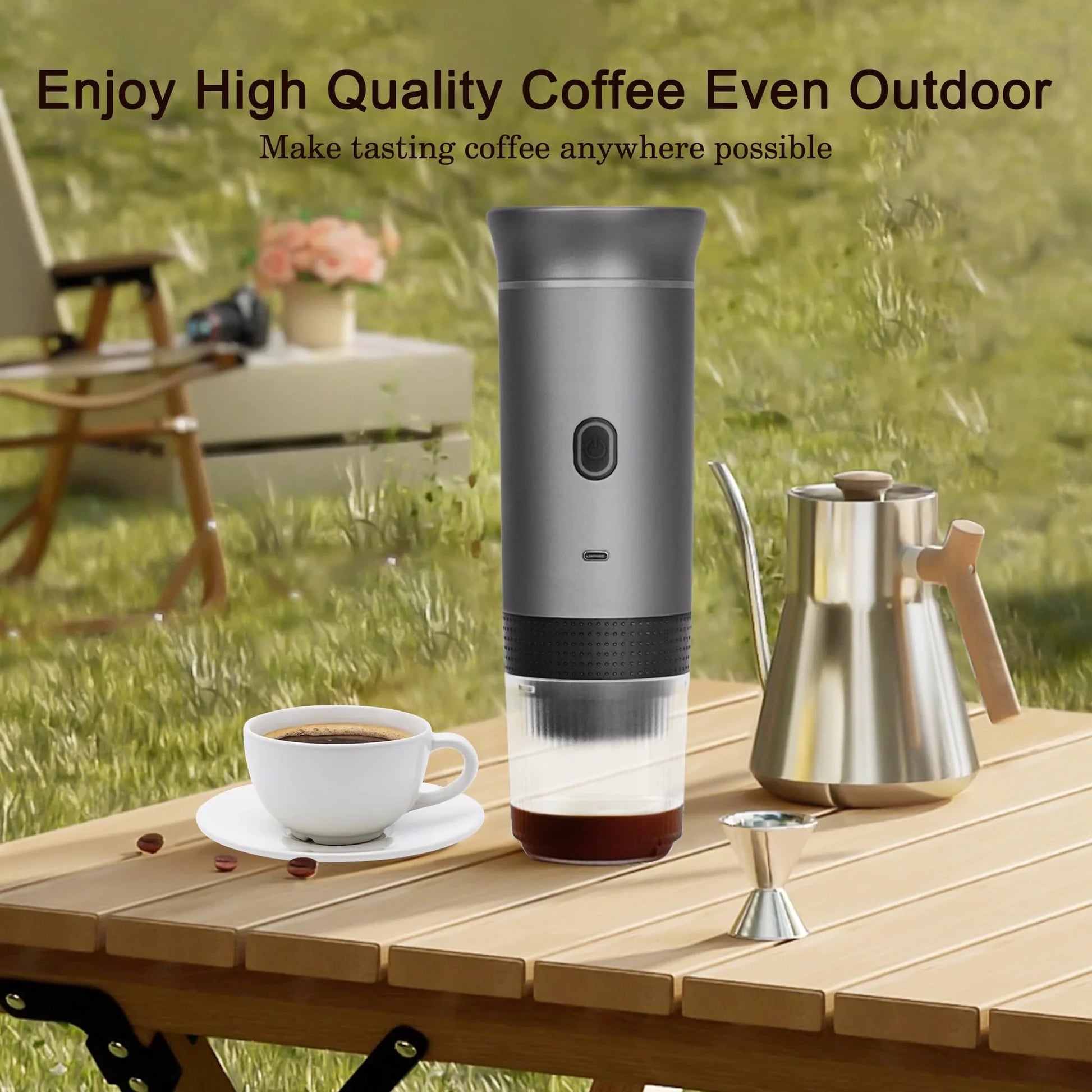 Portable coffee maker on a wooden table with a scenic background