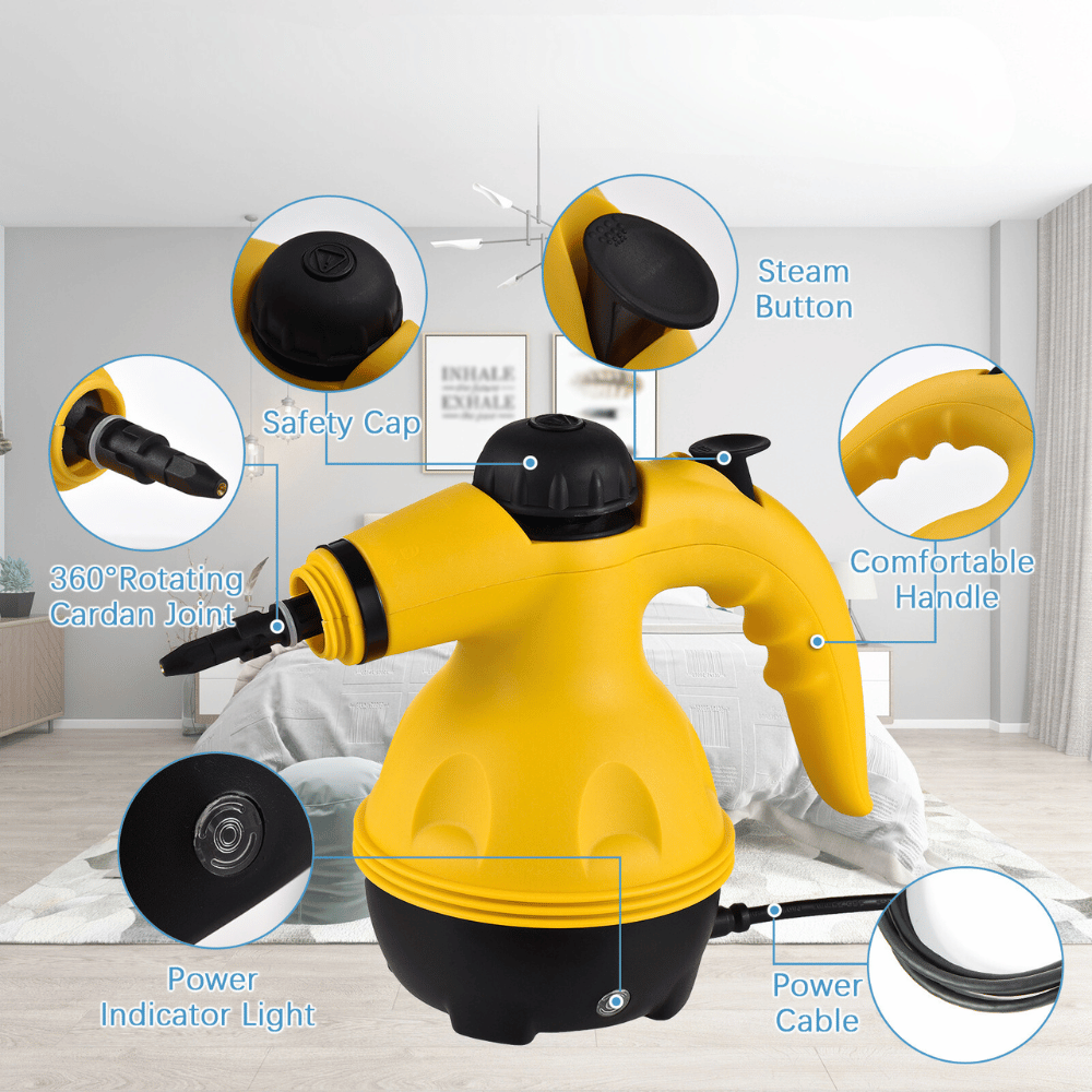 Yellow steam cleaner with labeled parts on a neutral background