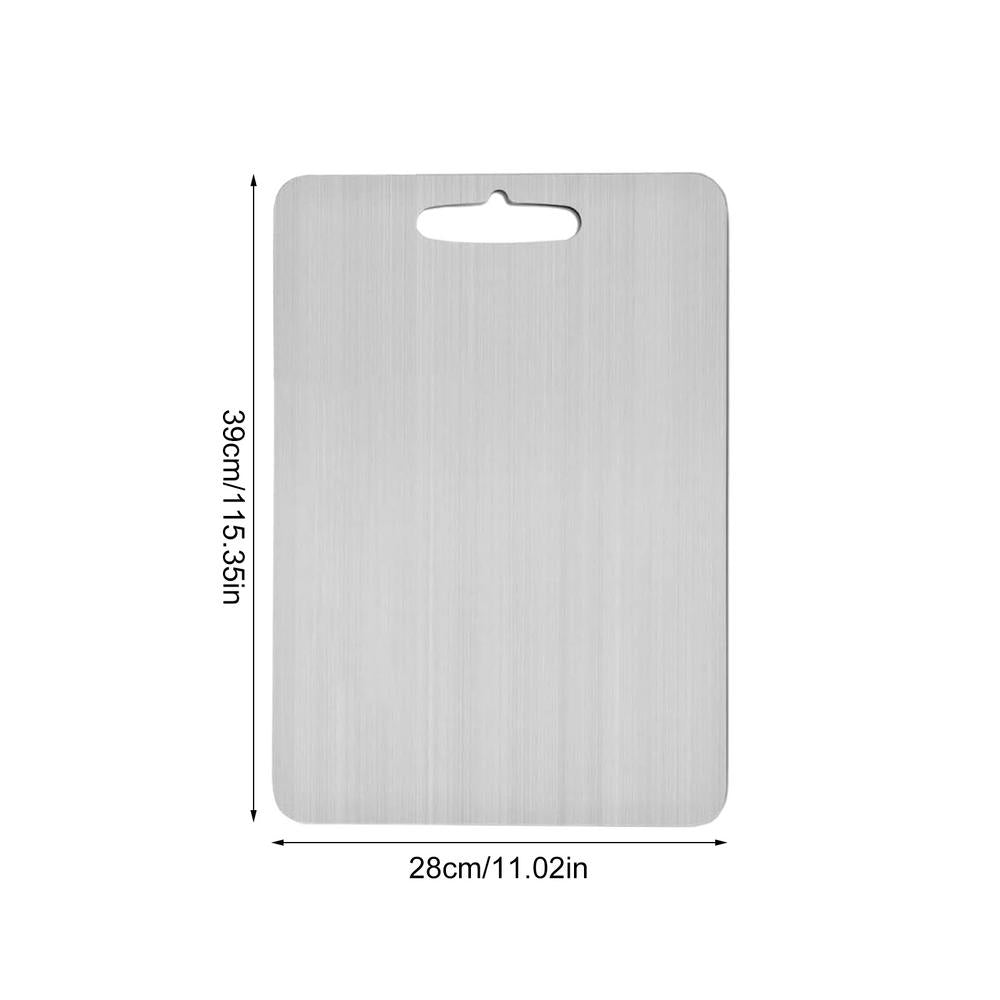 Rectangular metal cutting board with dimensions on a white background
