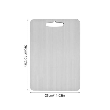 Rectangular metal cutting board with dimensions on a white background