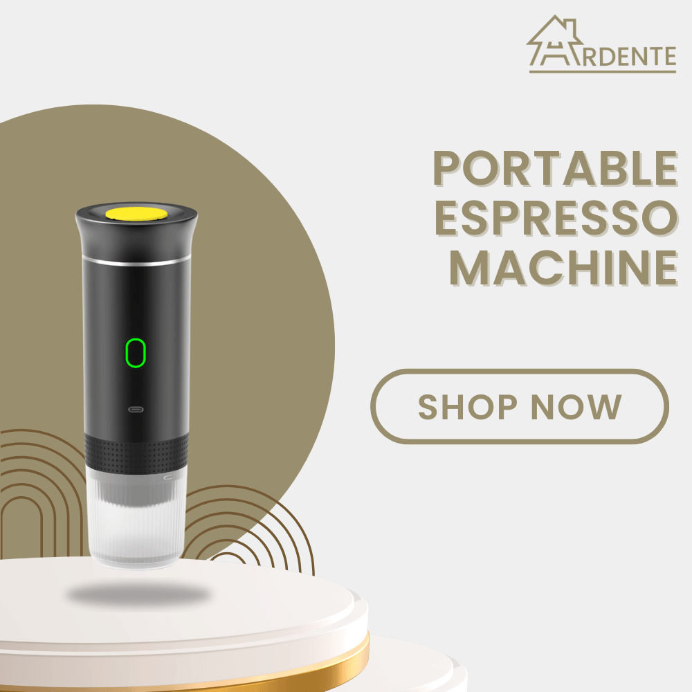 Portable espresso machine with Ardente branding on a light background