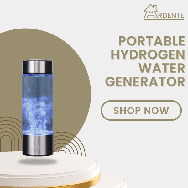 Portable hydrogen water generator with visible steam on a light background, featuring the brand 'Ardente'.