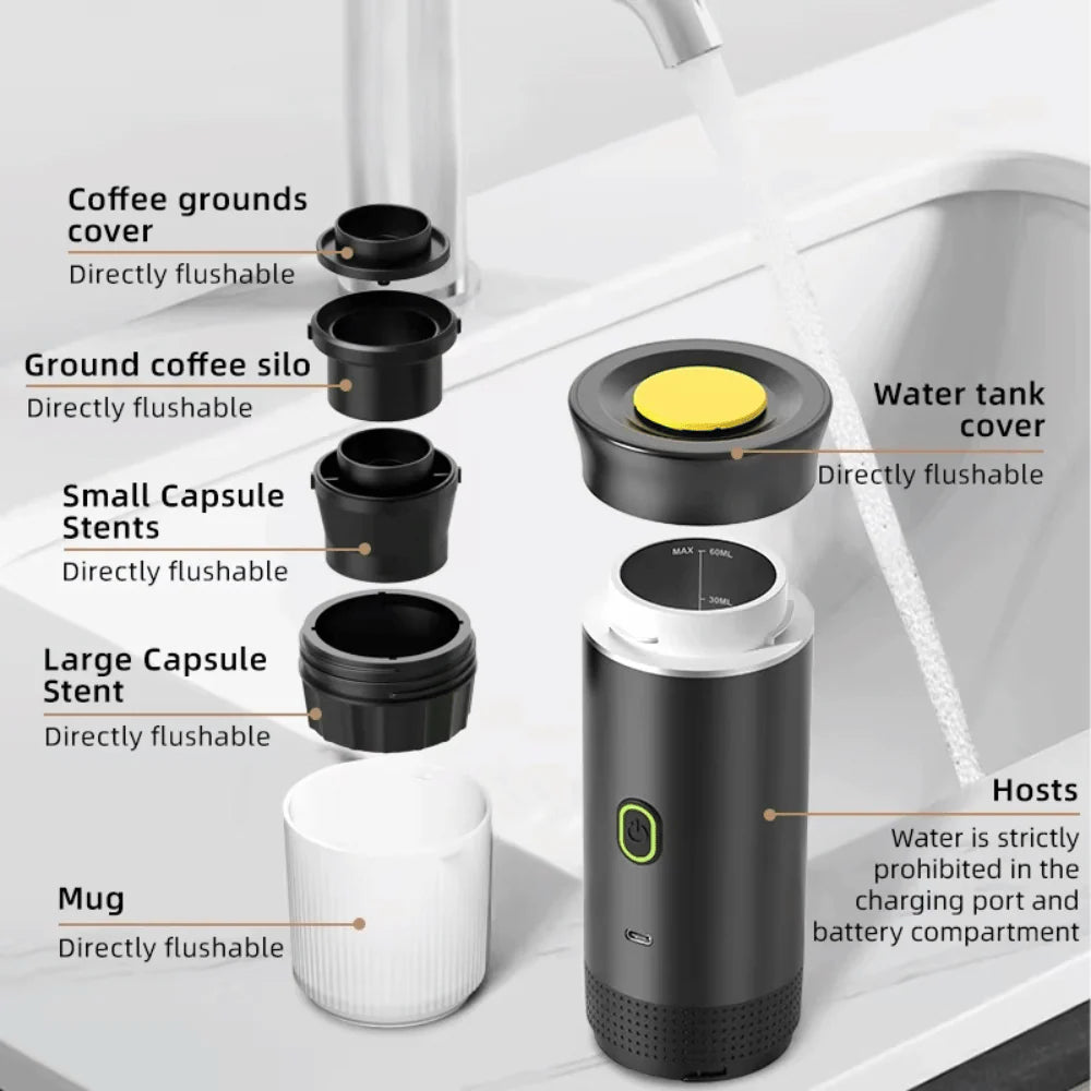 Portable espresso machine with detachable components for capsules and ground coffee, ideal for travel brewing