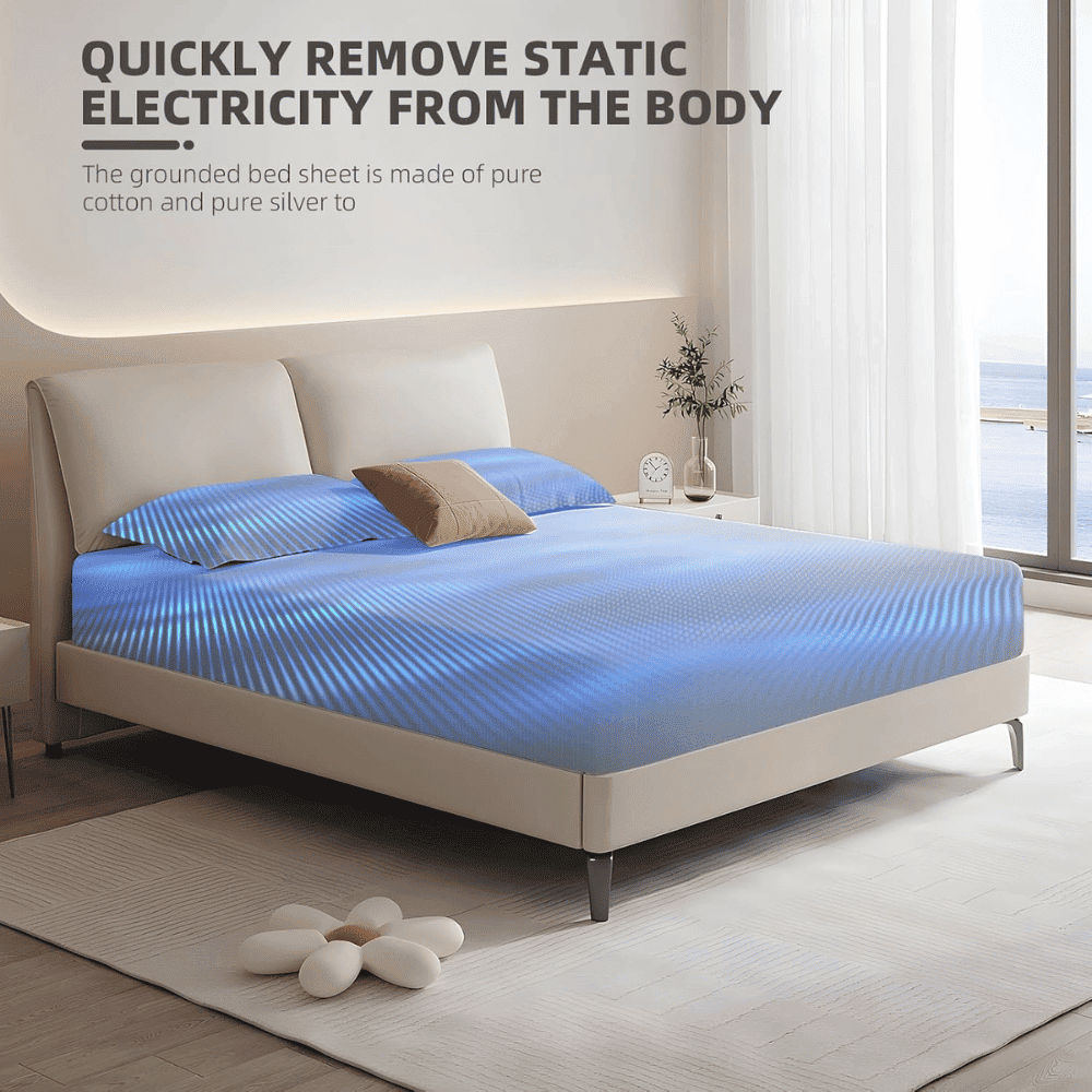 Blue bed sheet on a bed with text about static electricity removal in a modern bedroom.