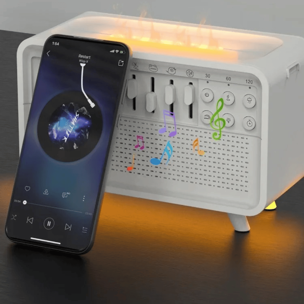 Smartphone displaying a music app next to a white electronic device with musical notes on a dark surface