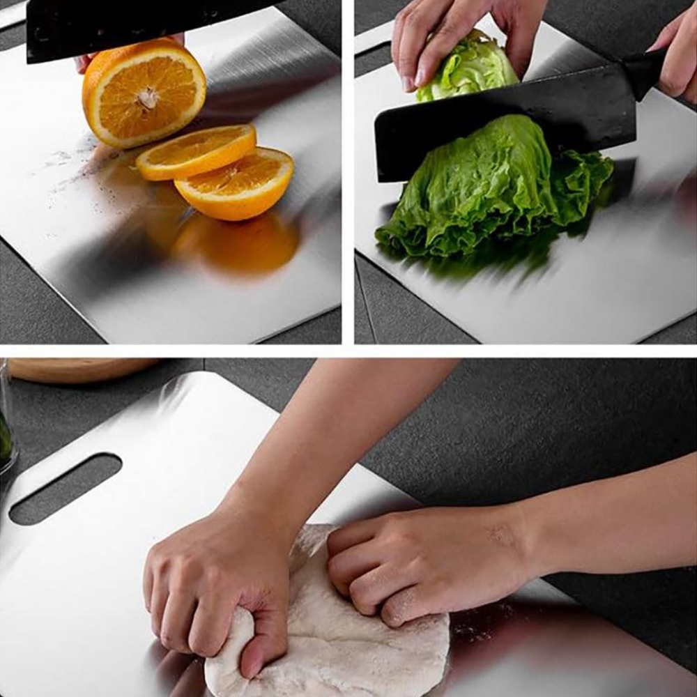 Collage of a knife cutting an orange, lettuce, and kneading dough on a cutting board.