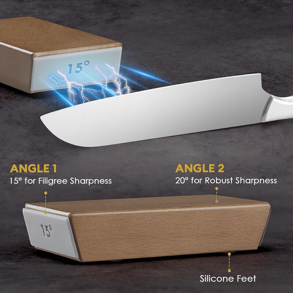 Knife sharpener with angles for different sharpening needs on a dark background