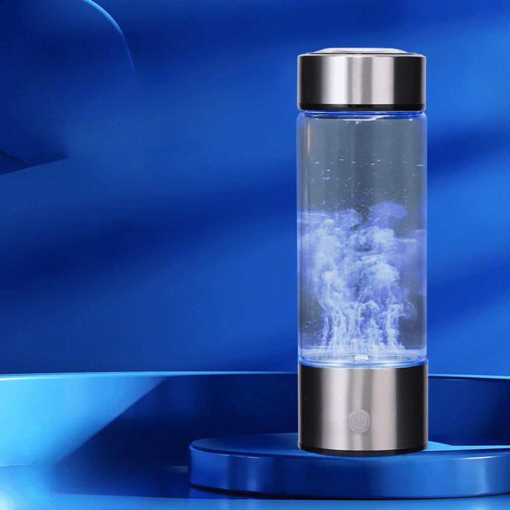 Hydrogen Water Generator bottle creating hydrogen-rich water with bubbling effect on sleek blue background