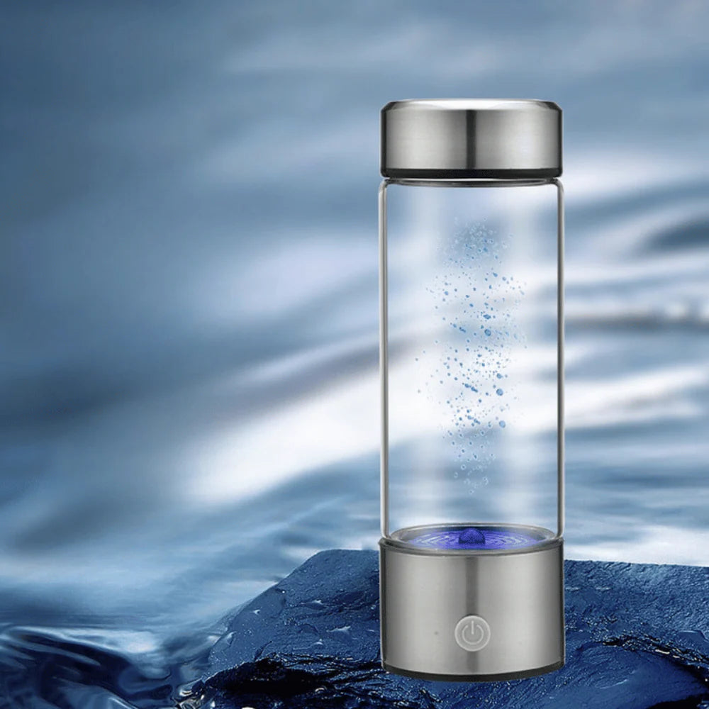 Hydrogen Water Generator producing antioxidant-rich hydrogen water on watery background promoting wellness
