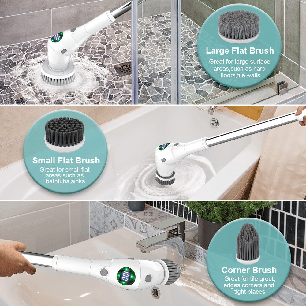 Electric scrubber with different brush heads used on various surfaces in a bathroom setting.