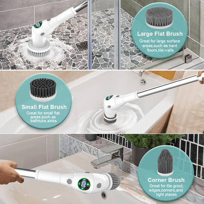 Electric scrubber with different brush heads used on various surfaces in a bathroom setting.