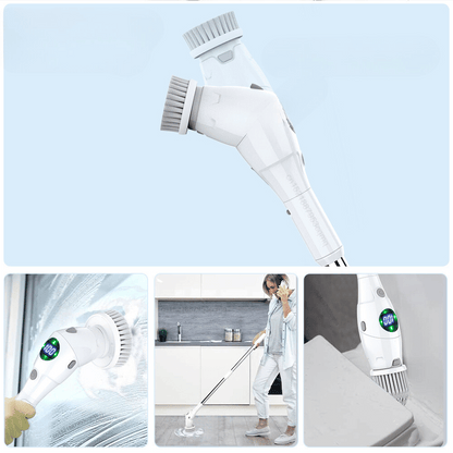 Multifunctional cleaning tool with various attachments on a light blue background