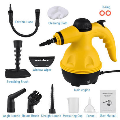 Yellow steam cleaner with various attachments on a white background