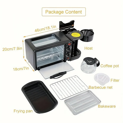 3-in-1 breakfast station with a coffee maker, automatic timer breakfast maker, non-stick bread oven with a frying pan