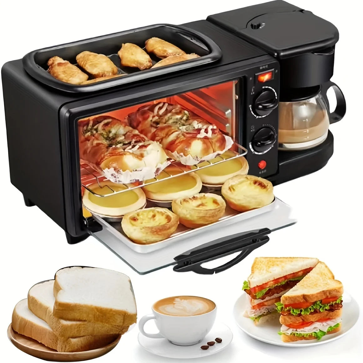 3-in-1 breakfast station with a coffee maker, automatic timer breakfast maker, non-stick bread oven with a frying pan