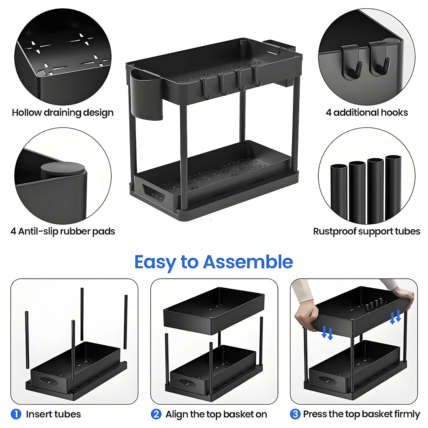 2-Pack Modular Under Sink Shelves - Adjustable Steel Organizer ✔Epoxy-Coated & Rustproof (Cabinet Closet Storage)
