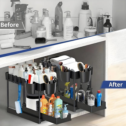 2-Pack Modular Under Sink Shelves - Adjustable Steel Organizer ✔Epoxy-Coated & Rustproof (Cabinet Closet Storage)