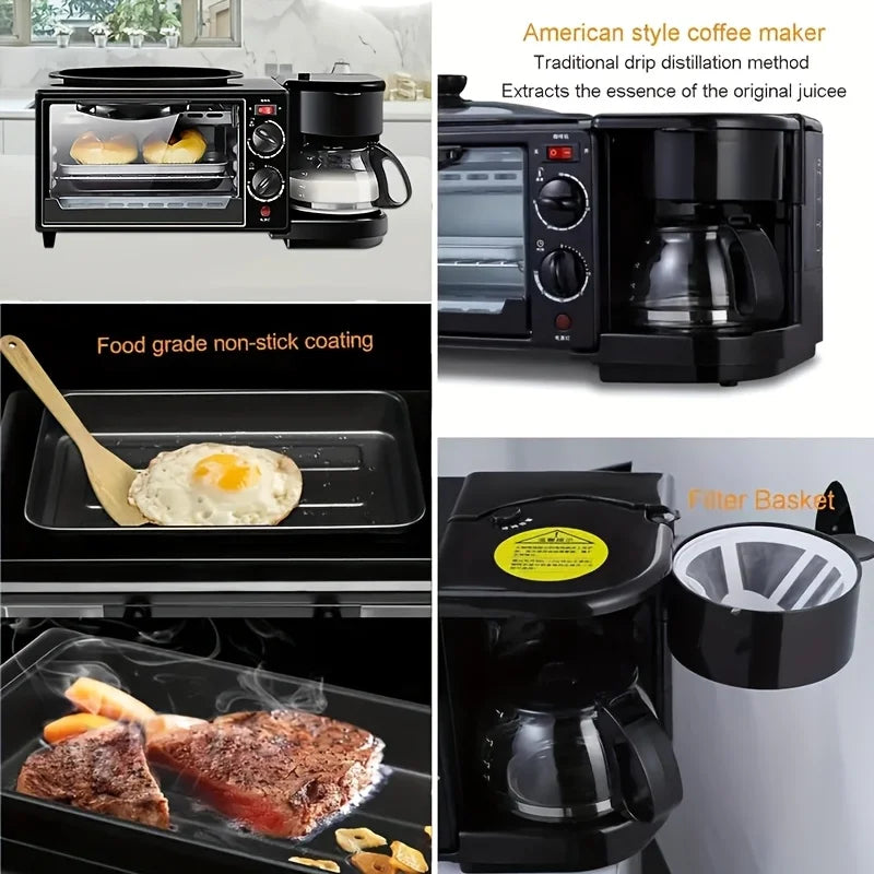 3-in-1 breakfast station with a coffee maker, automatic timer breakfast maker, non-stick bread oven with a frying pan