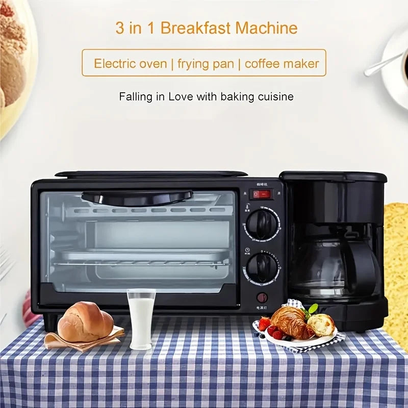 3-in-1 breakfast station with a coffee maker, automatic timer breakfast maker, non-stick bread oven with a frying pan