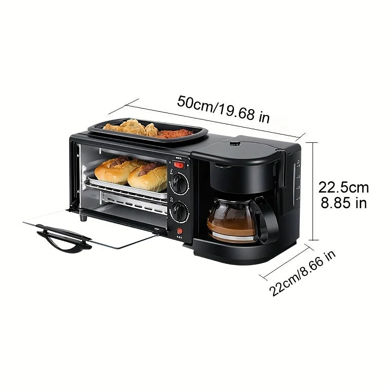3-in-1 breakfast station with a coffee maker, automatic timer breakfast maker, non-stick bread oven with a frying pan