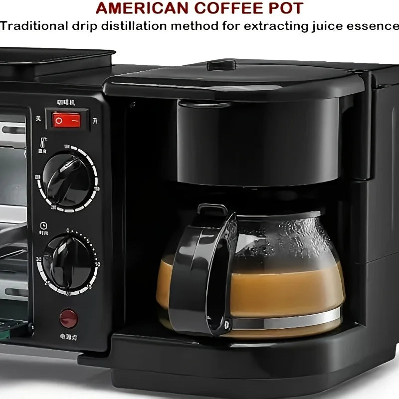 3-in-1 breakfast station with a coffee maker, automatic timer breakfast maker, non-stick bread oven with a frying pan