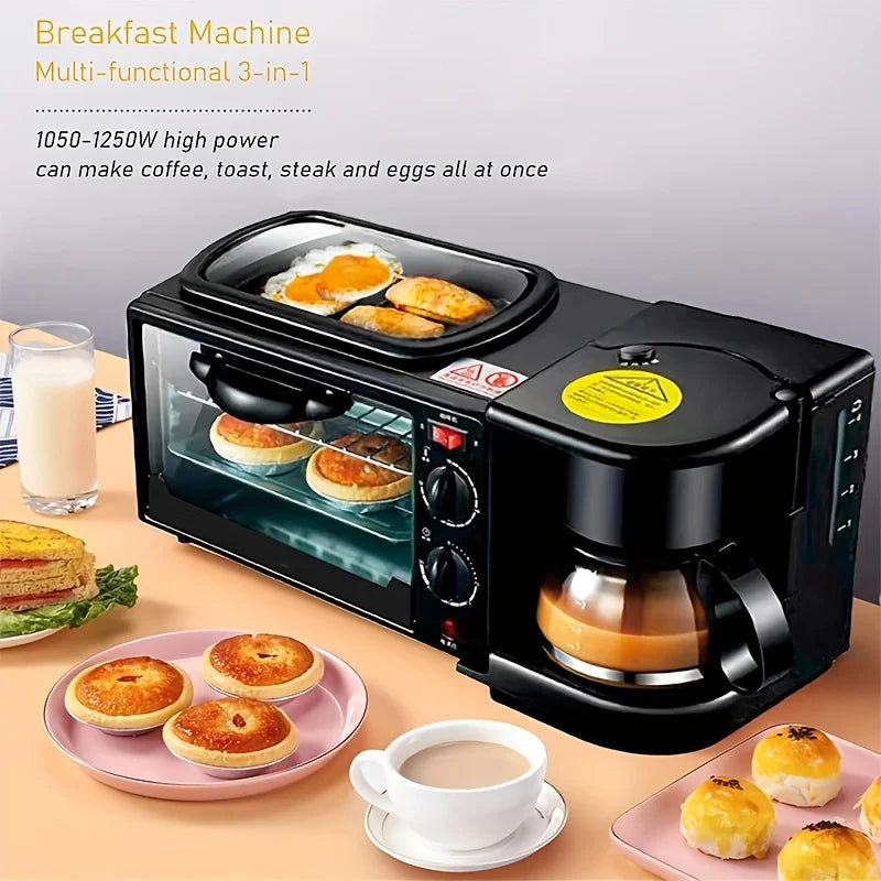3-in-1 breakfast station with a coffee maker, automatic timer breakfast maker, non-stick bread oven with a frying pan