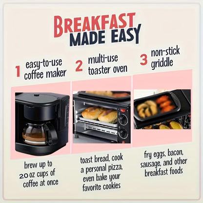 3-in-1 breakfast station with a coffee maker, automatic timer breakfast maker, non-stick bread oven with a frying pan