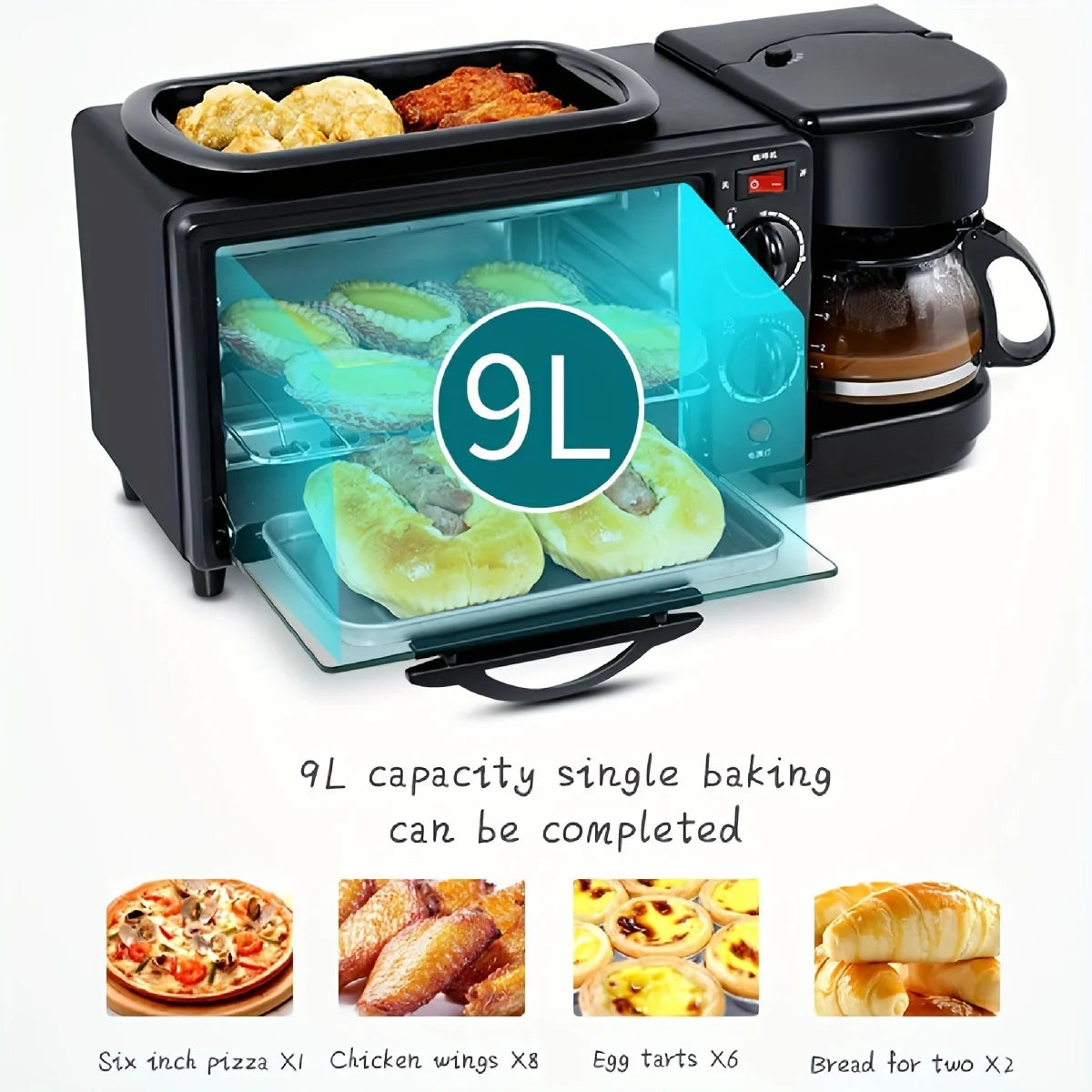 3-in-1 breakfast station with a coffee maker, automatic timer breakfast maker, non-stick bread oven with a frying pan