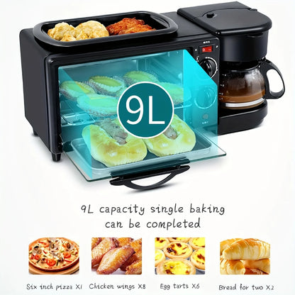 3-in-1 breakfast station with a coffee maker, automatic timer breakfast maker, non-stick bread oven with a frying pan