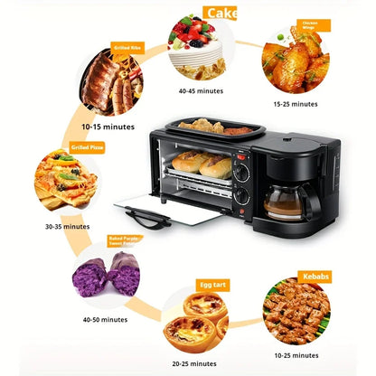 3-in-1 breakfast station with a coffee maker, automatic timer breakfast maker, non-stick bread oven with a frying pan